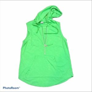 OP neon green hooded front pocket sleeveless 1/2 zip top